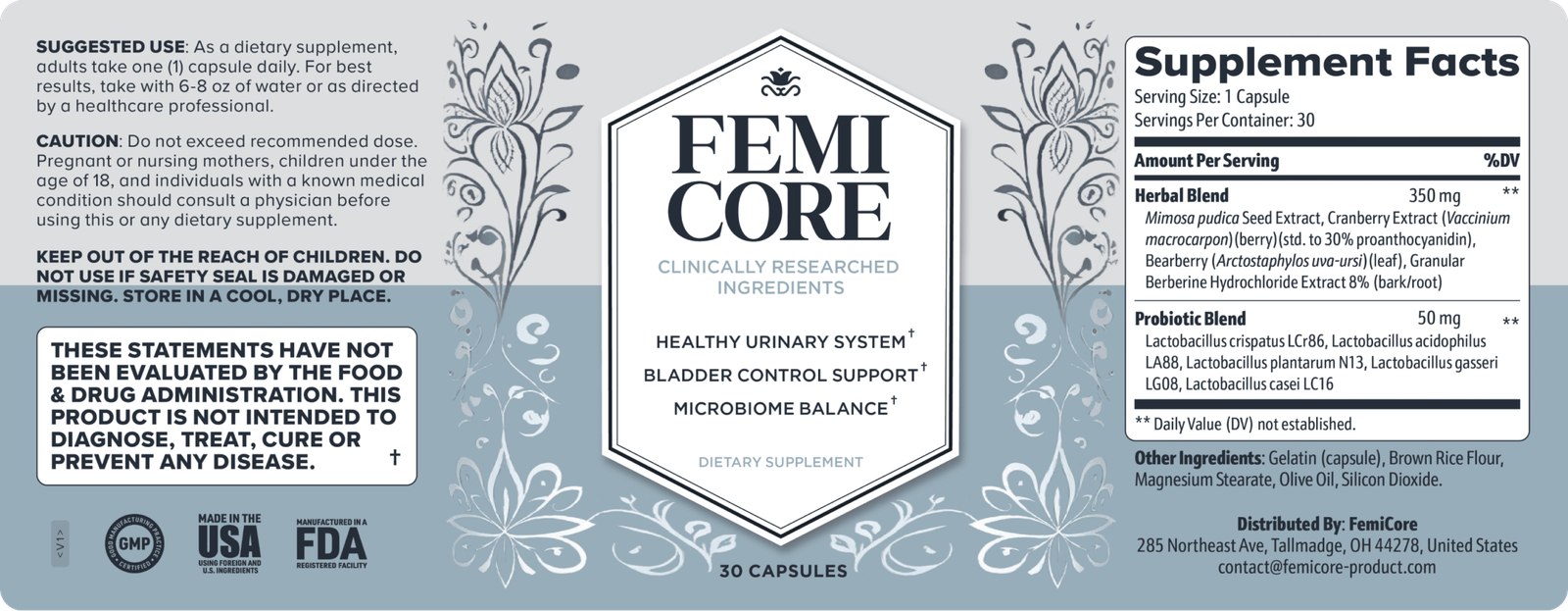 Femicore ingredient label